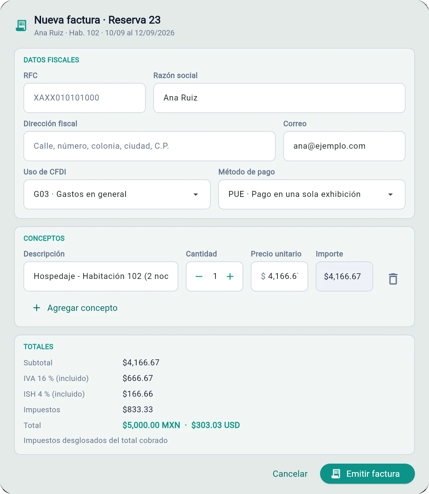 Diálogo de nueva factura de Suite pMS en el Hotel Brisaluna (demostración, datos de ejemplo): RFC genérico, uso de CFDI G03, pago en una sola exhibición, IVA e ISH incluidos y el total en pesos y en dólares.